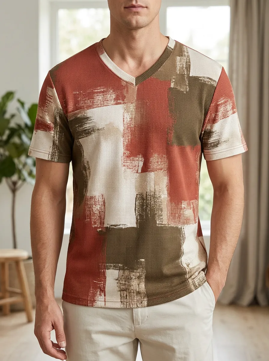 Men's Bold Abstract Brushstroke Waffle Knit V-Neck T-Shirt