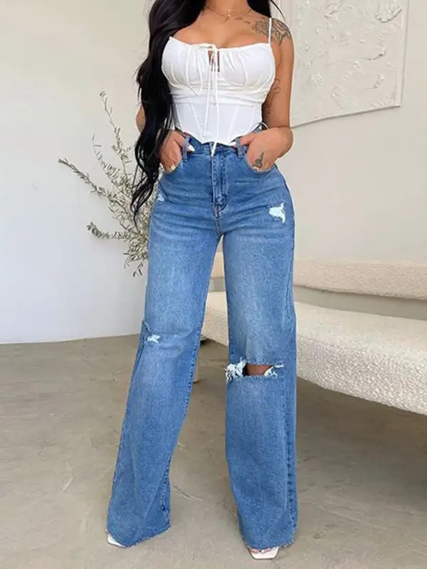 Structured High Waist Wide Leg Ripped Denim Jeans