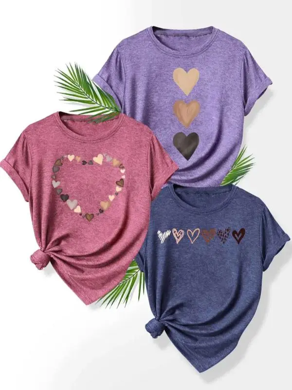 Women'S Heart Print Tee, Casual Short Sleeve T-Shirt For Daily Wear, Ladies Clothes For All Seasons, Graphic Tees, Women swear