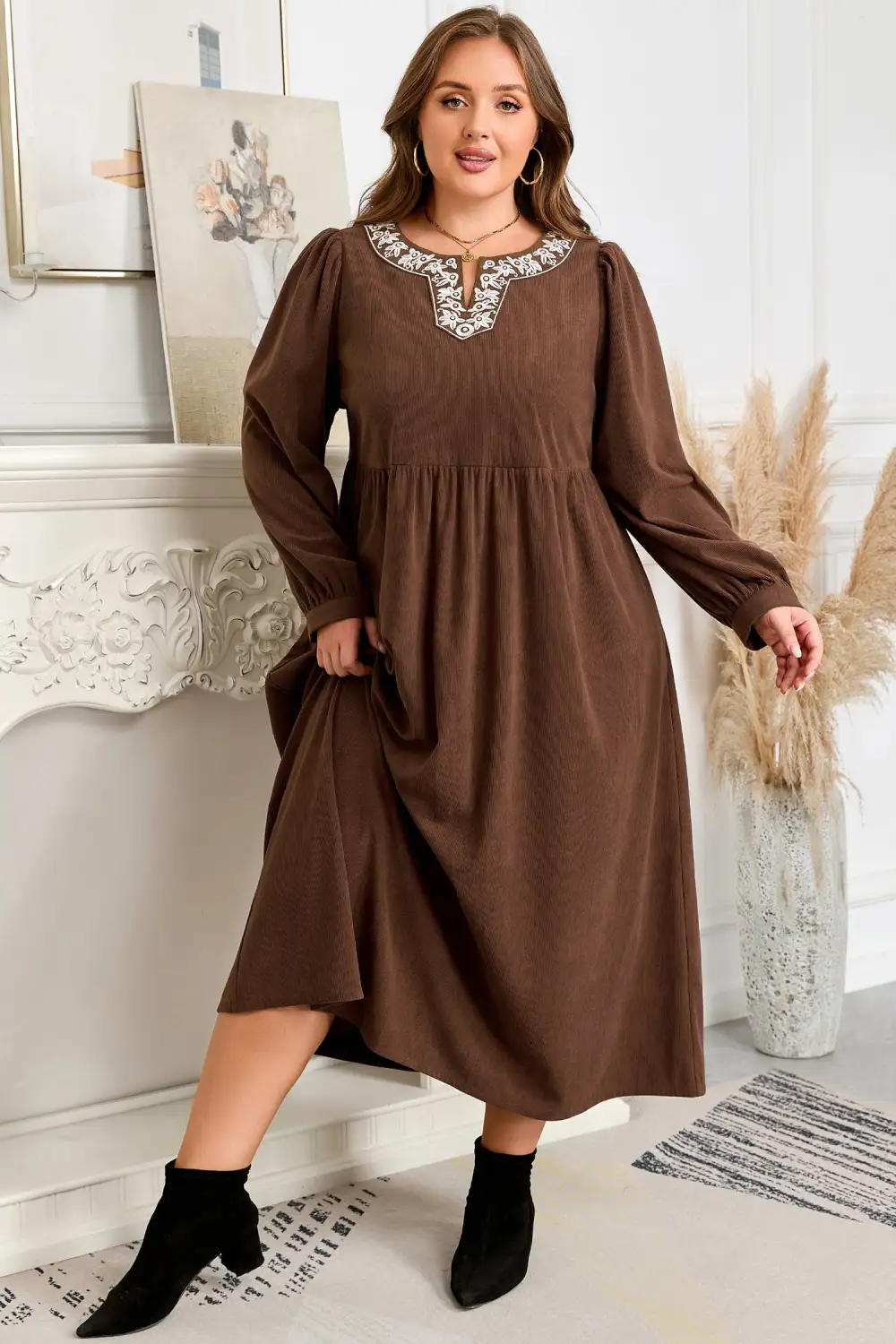 Embroidered Split Neck Pleated Midi Dress