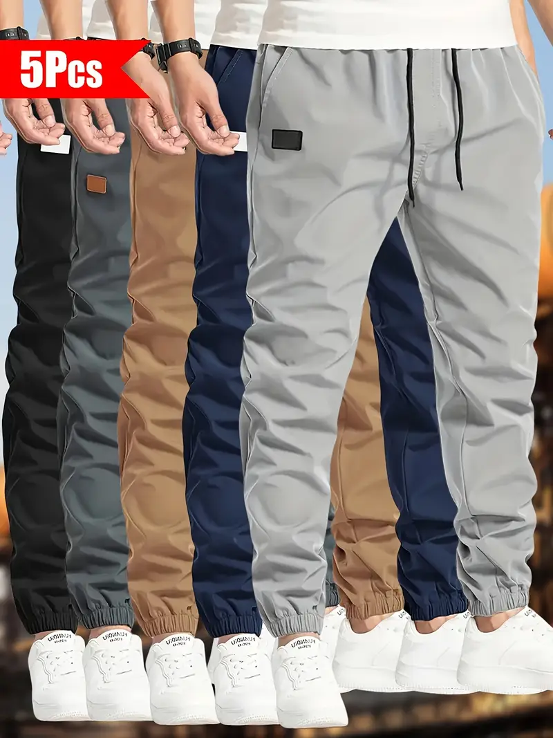 5pcs Men’S Solid Color Drawstring Jogger Pants – Polyester – Casual – Non-Stretch – Regular Length – Loose Fit – 150g/m2 – Woven Fabric – for Hiking & Outdoor
