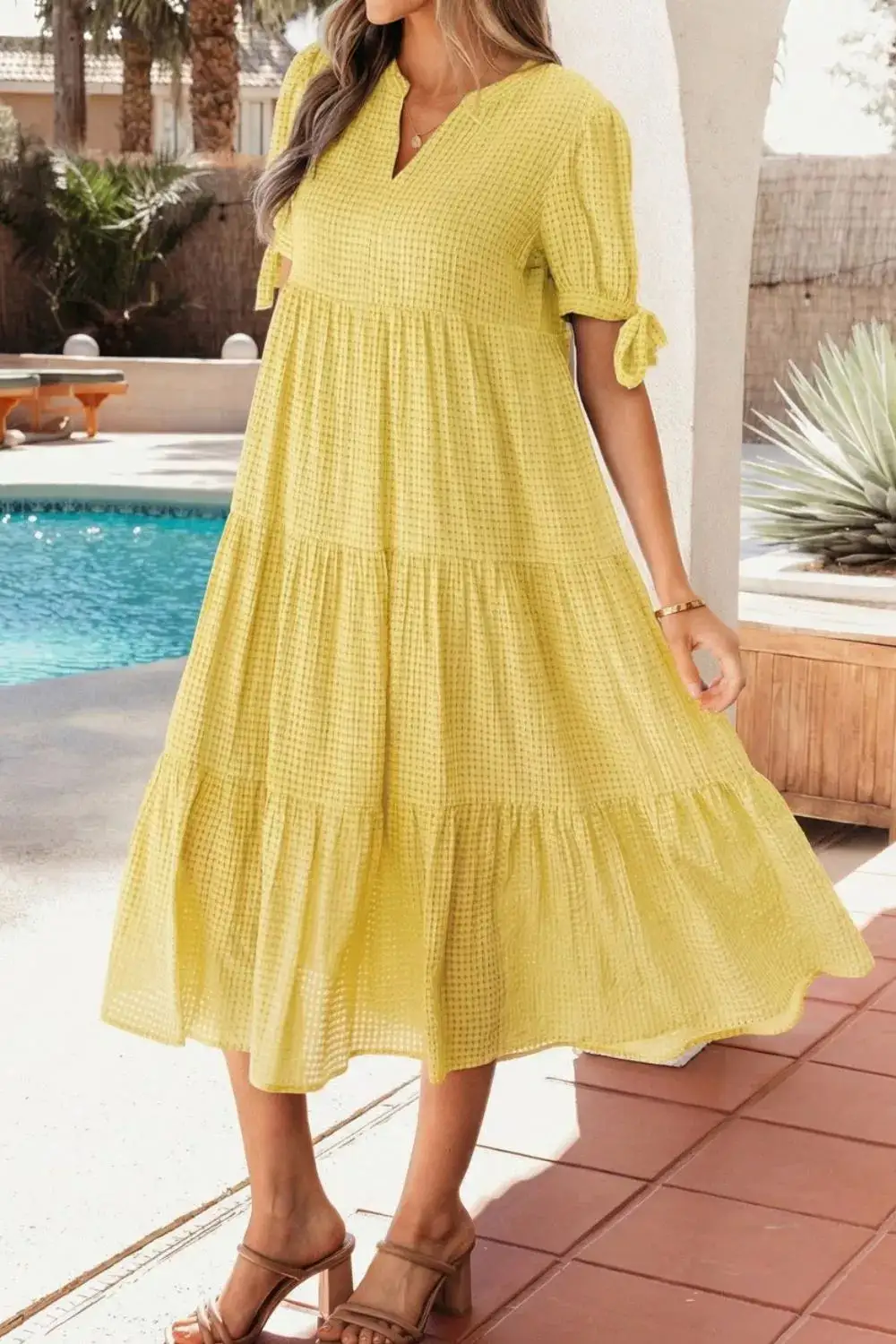 Plaid Tiered Short Sleeve Midi Dress
