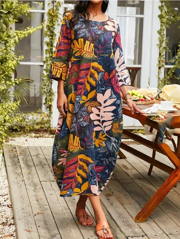 Printed Cotton Linen Seven Sleeve Loose Dress