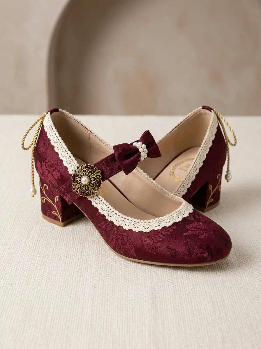 Lace Pearl Bow Floral Women's Bavarian Occasion Heels