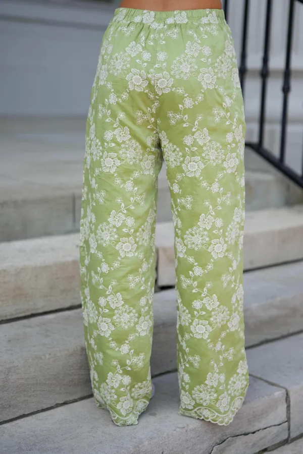 Elastic-Waist Floral Embroidered Pants