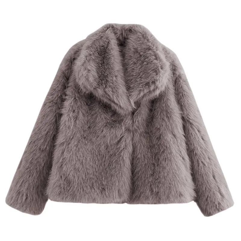 Women's Luxurious Oversize Solid Color Wide Lapel Snap Closure Fuzzy Thermal Outerwear, Fall & Winter Long Sleeve Outerwear, Faux Fur Outfit