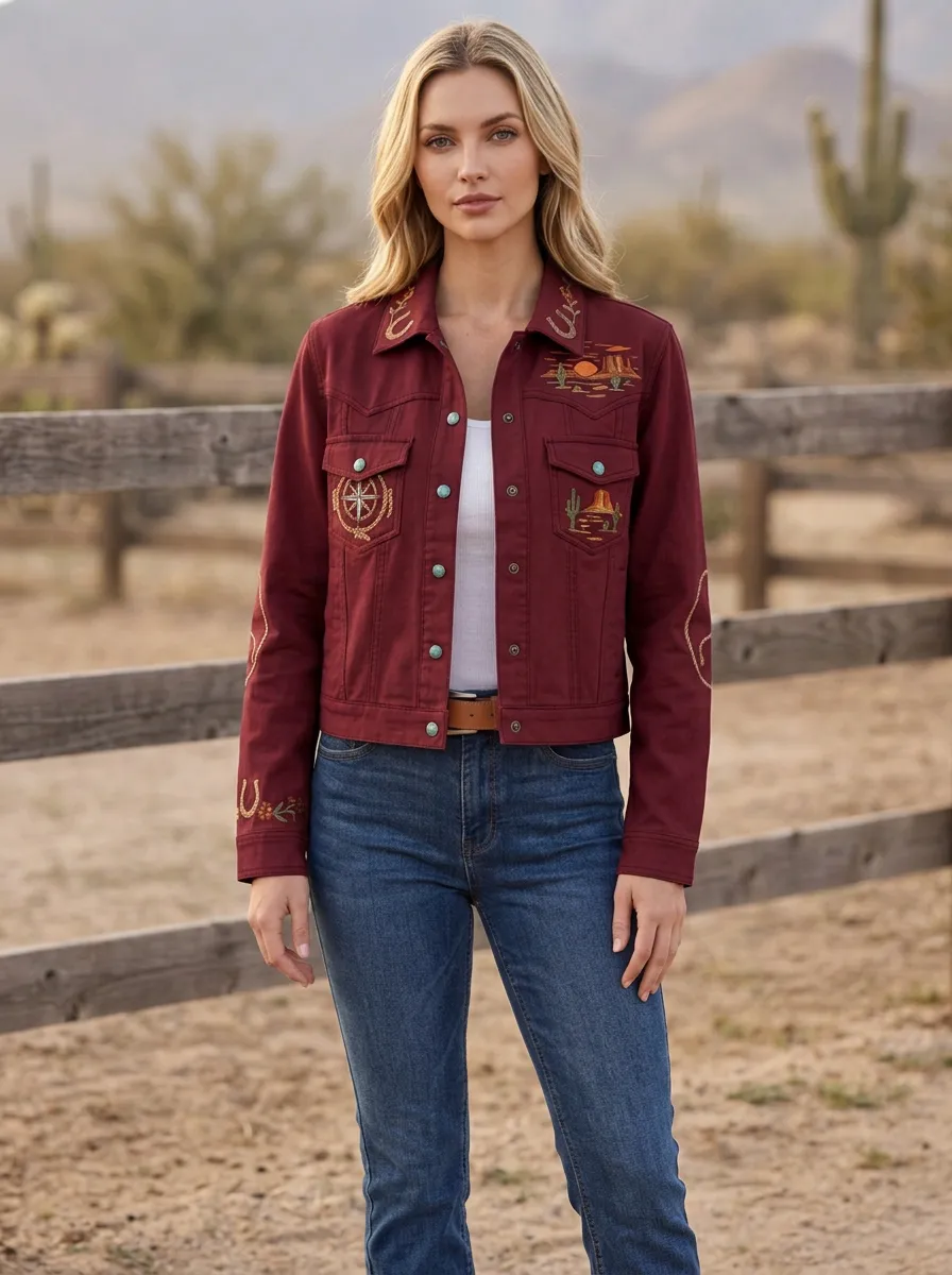 Women's Western Horseshoe Horse Cactus Desert Embroidered Jacket