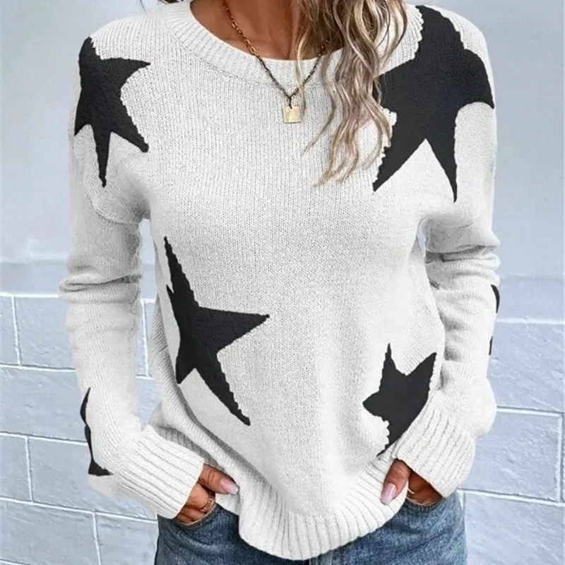 Women's Knit Star-Motif Round-Neck Relaxed Sweater