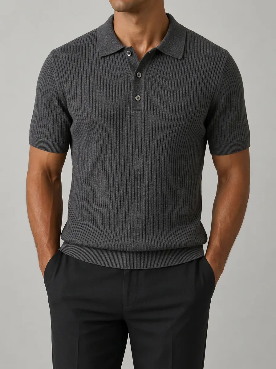 Men's Casual Minimalist Charcoal Ribbed Knit Polo Shirt