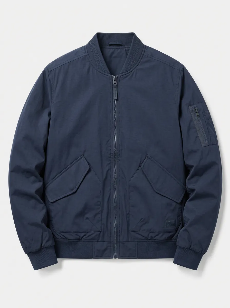 Men's Casual Navy Solid Color Zip-up Bomber Jacket
