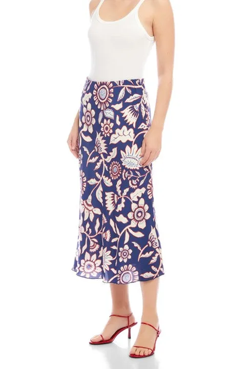 Women's Blue Floral Print Bias Cut Midi Skirt