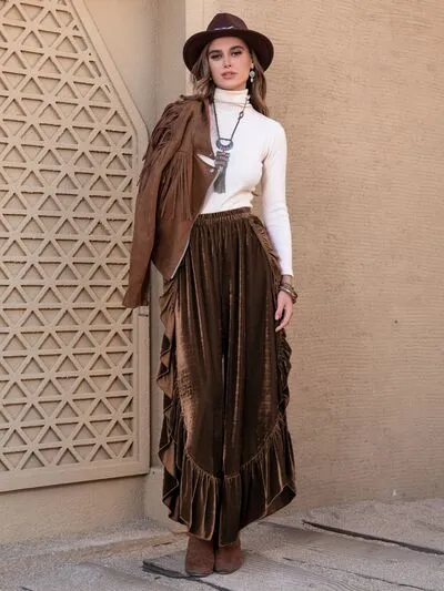 Ruffle Trim Wide Leg Slit Pants Skirt