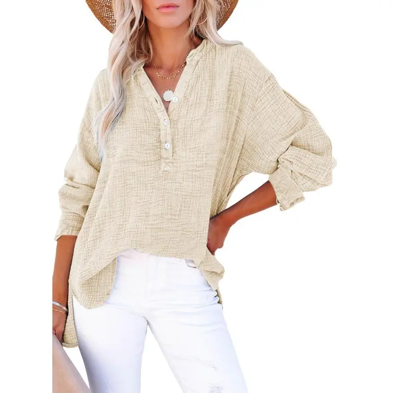 Women's Casual Button V Neck Long Sleeve Shirts Oversized Solid Blouses Tops 100% Cotton