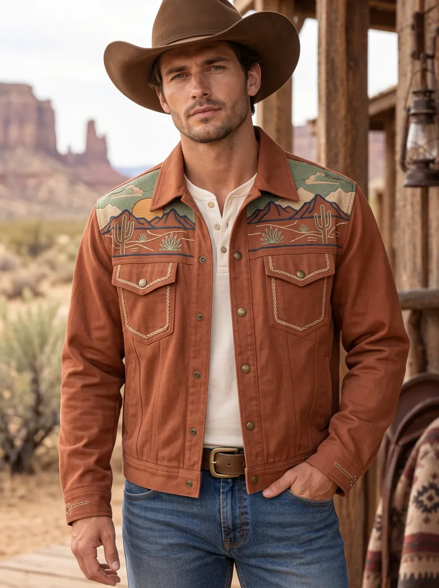 Men's Classic Western Cowboy Cactus Desert Landscape Jacket