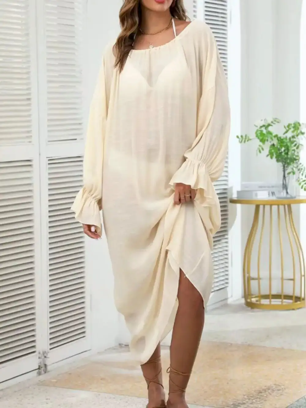 Backless Drawstring Back Flounce Sleeve Swim Cover Up