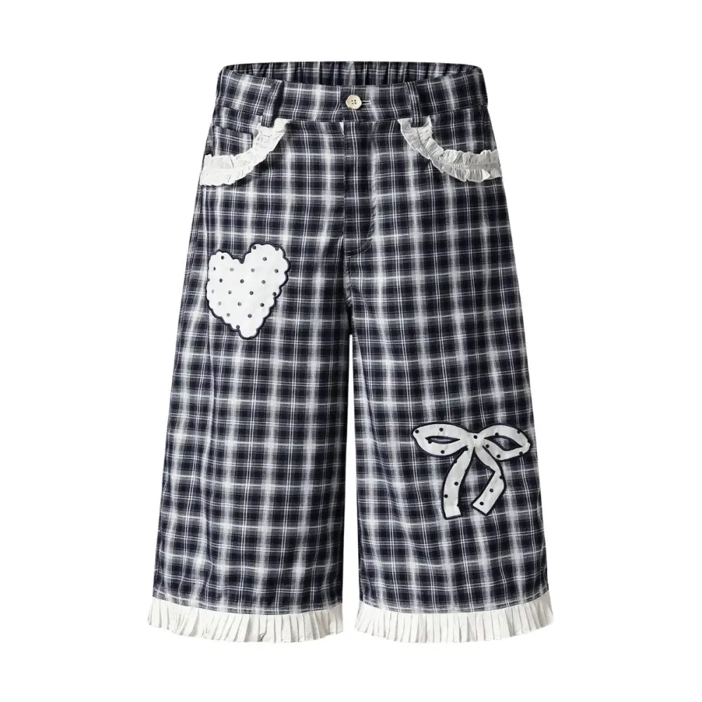 Relaxed Washed Plaid Denim Shorts