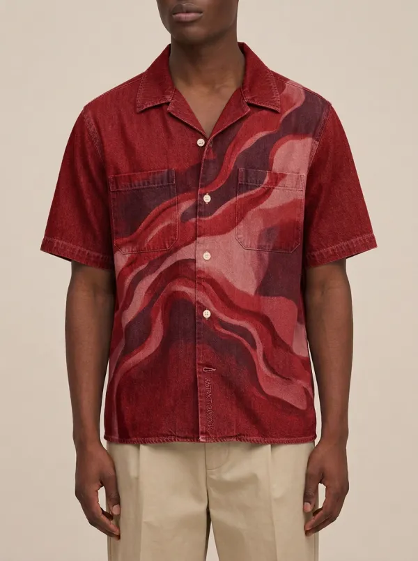 Men's Abstract Wave Pattern Short Sleeve Denim Shirt