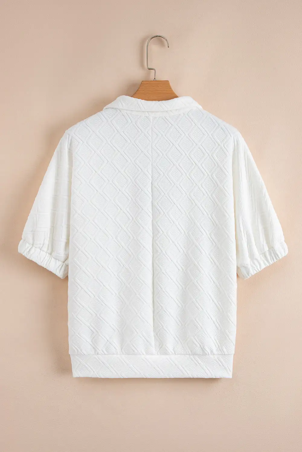 White Contrast Striped Collar Patchwork Textured Half Sleeve Blouse