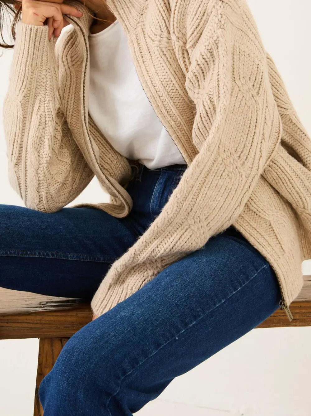 Erin Natural Cable Knitted Zip Through Cardigan