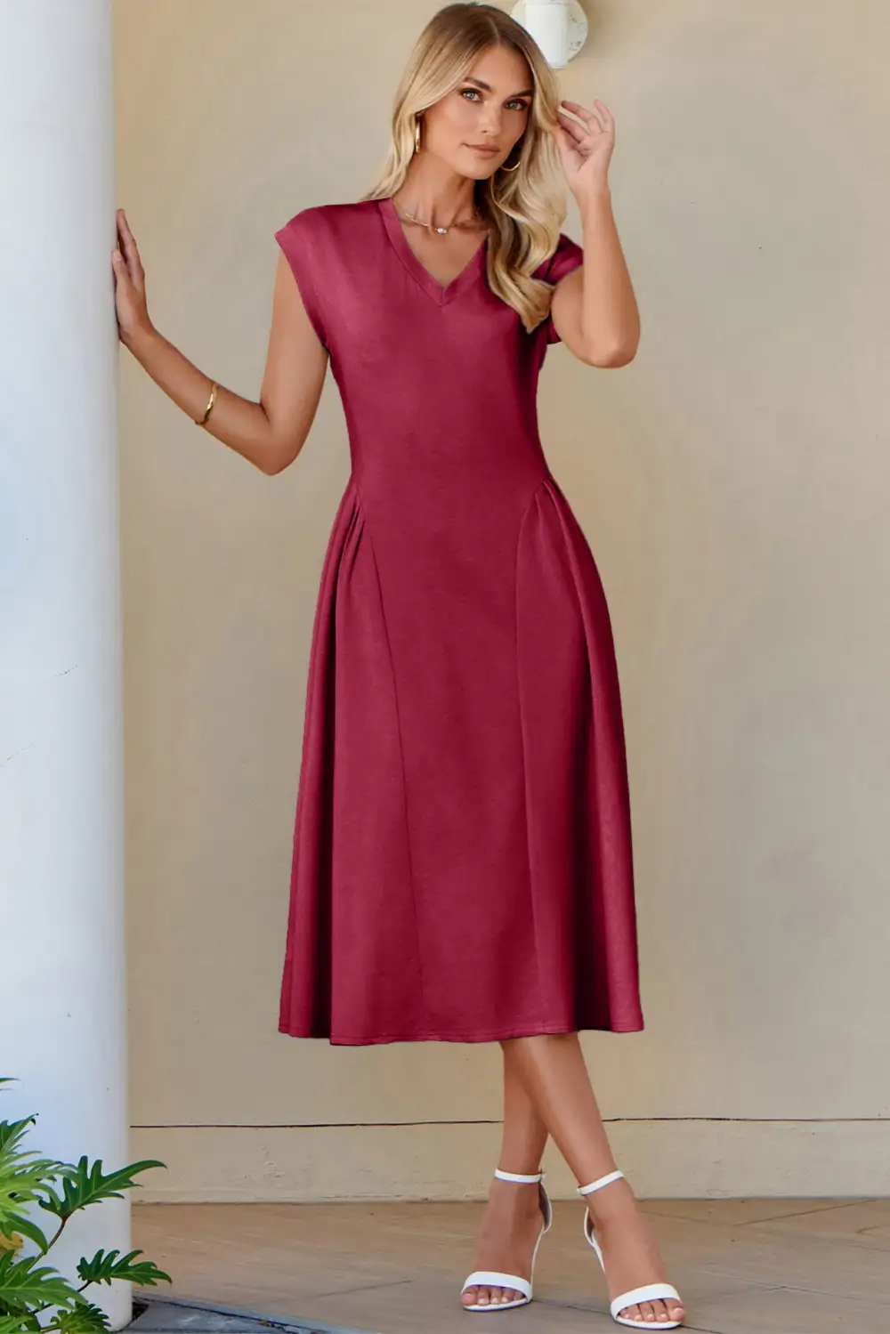 V Neck Pleated Flared Midi Dress