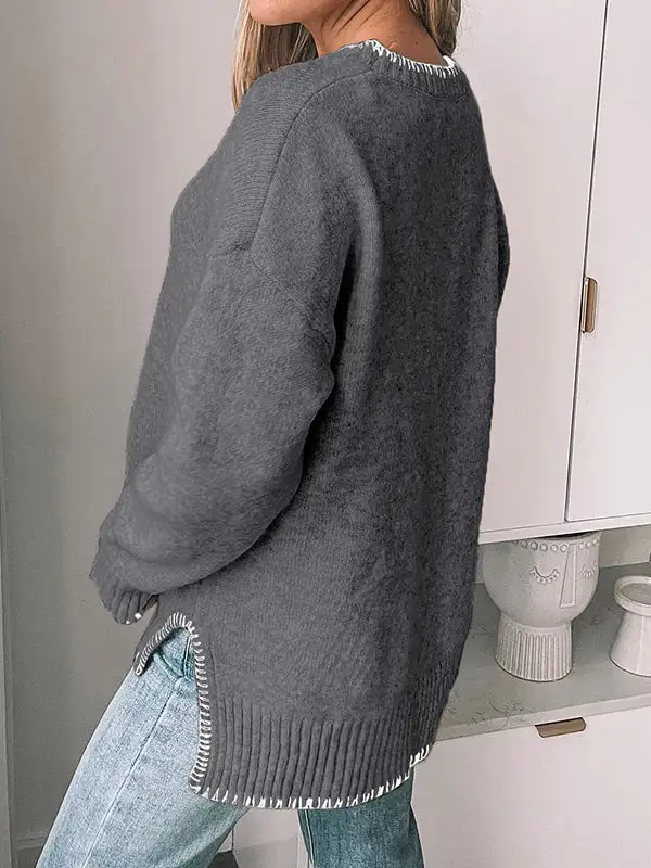 High Low Split Hem Paneled Round Neck Long Sleeve Pullover Sweater
