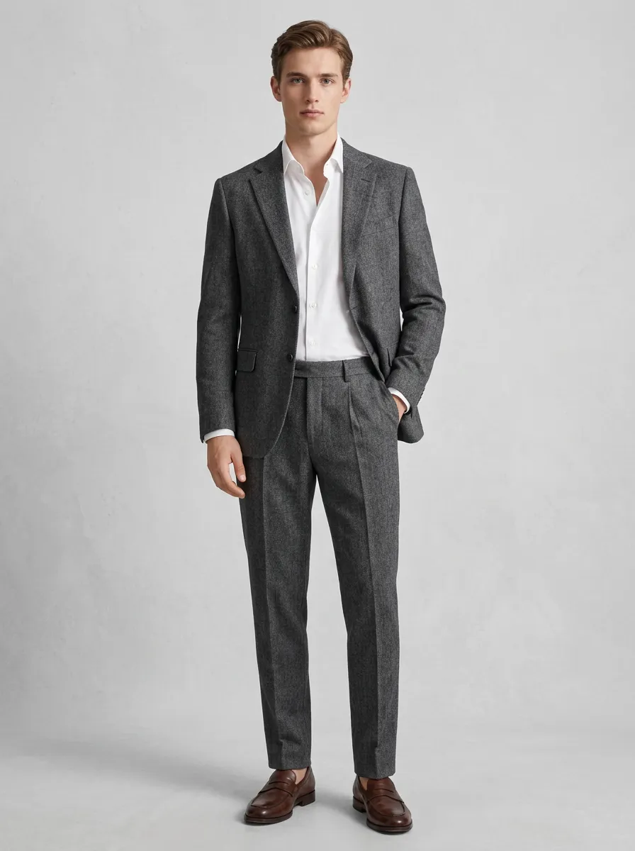 Men's Two Button Business Formal Charcoal Grey Wool Blend Suit Set