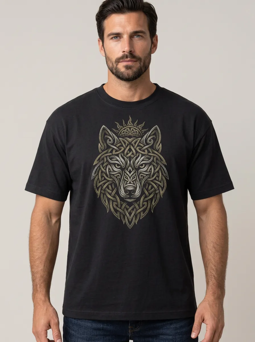Men's Wolf Crew-Neck Short-Sleeve Chest-Sleeve Relaxed Knotwork T-Shirt