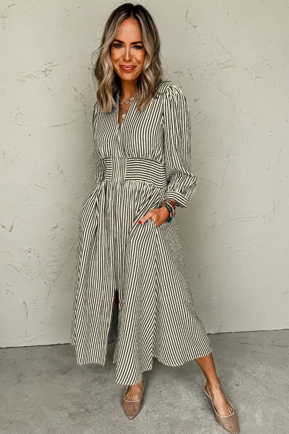 Balanced Detail Striped V Neck Zip Front Midi Dress