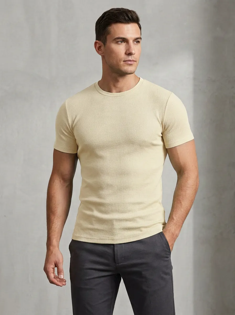 Streamlined Ribbed Textured Crew Neck Classic Look Men's Slim Fit Short Sleeve T-Shirt