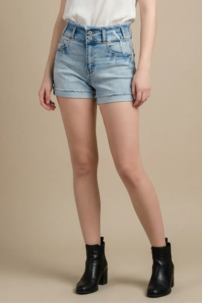High Rise Frayed Hem Cuffed Denim Shorts