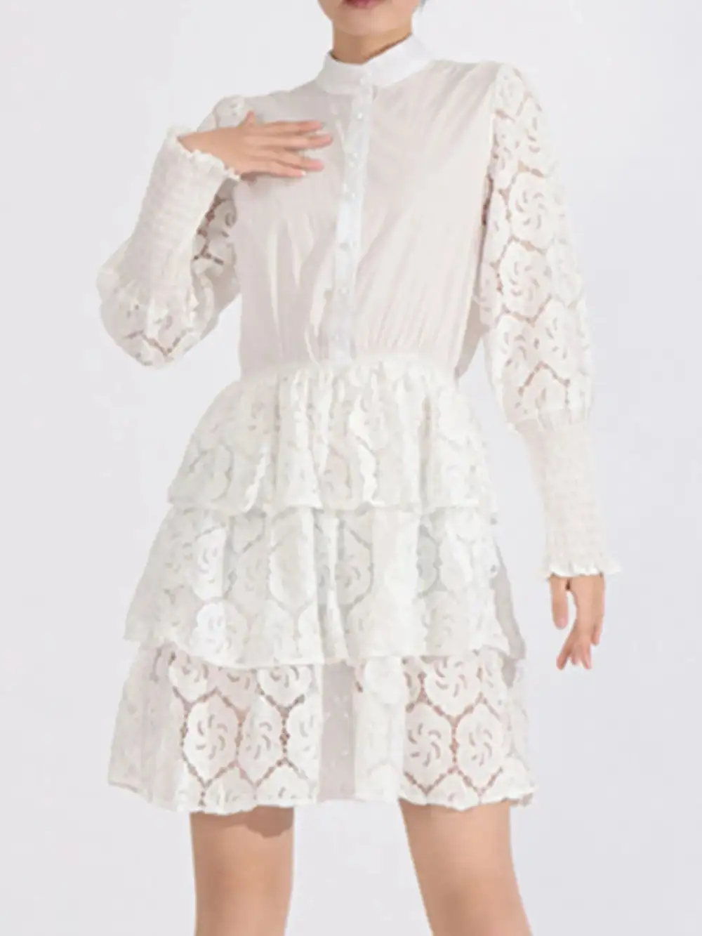 Textured Detail Lace Long Sleeve Dress