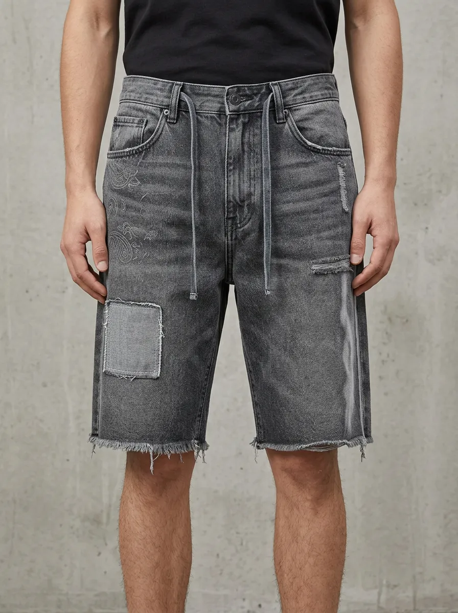 Mobility-Focused Patchwork Distressed Outdoor Look Men's Distressed Raw Hem Denim Shorts