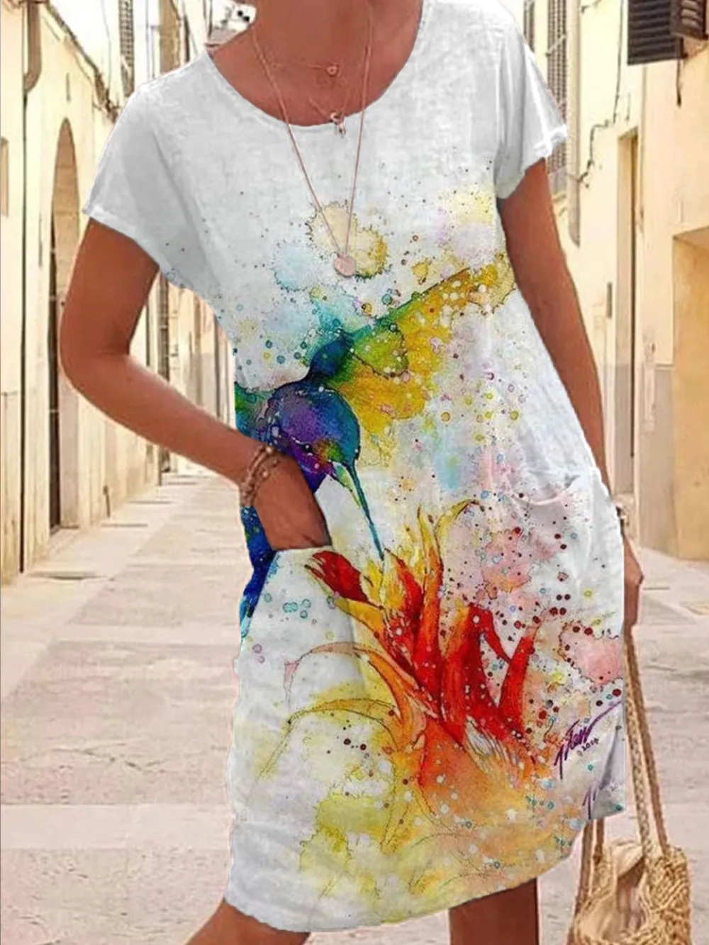 Women's Watercolor Flower Printed Pocket Cotton Linen Dress