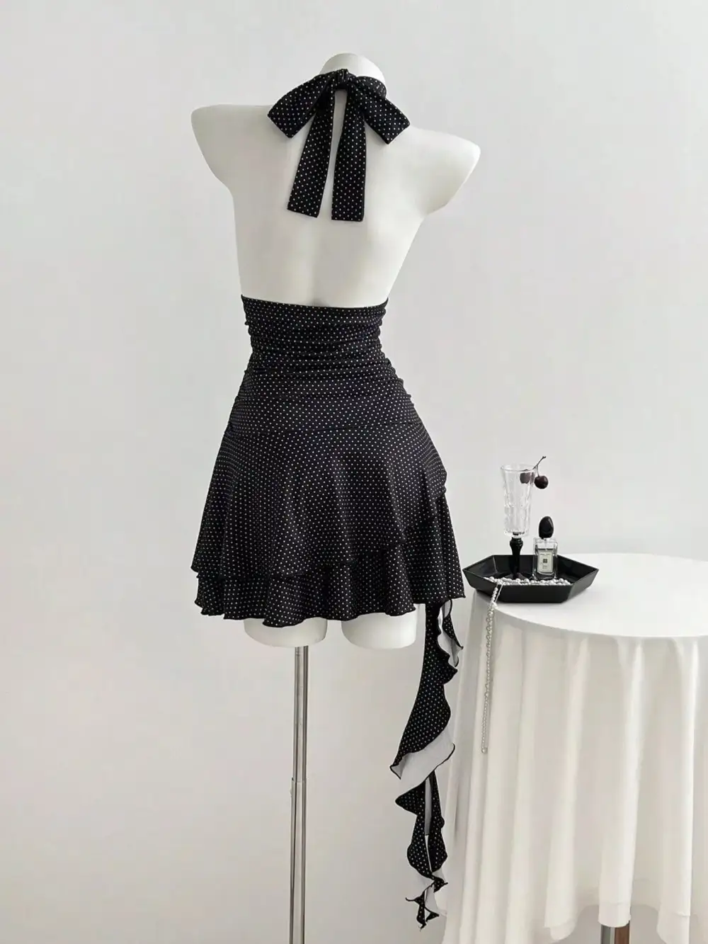Polka Dot Cutout Front Halter Neck Dress