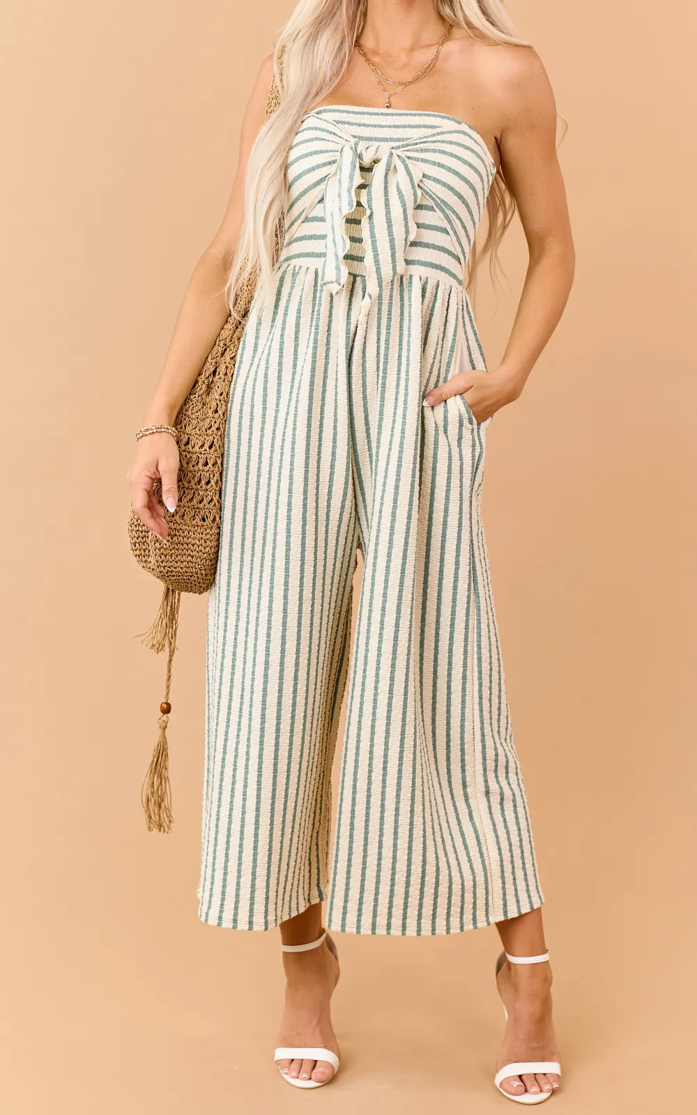 Cream And Sage Striped Strapless Jumpsuit