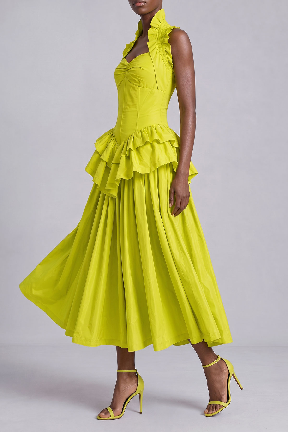 Classic Ruched Ruffle Midi Dress