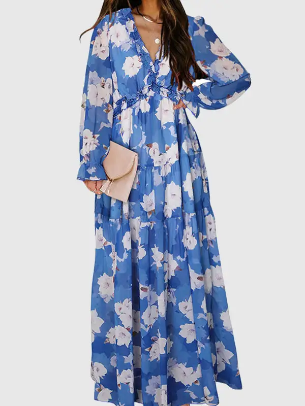 High Pleated Ruffled Long Neck Maxi Dress