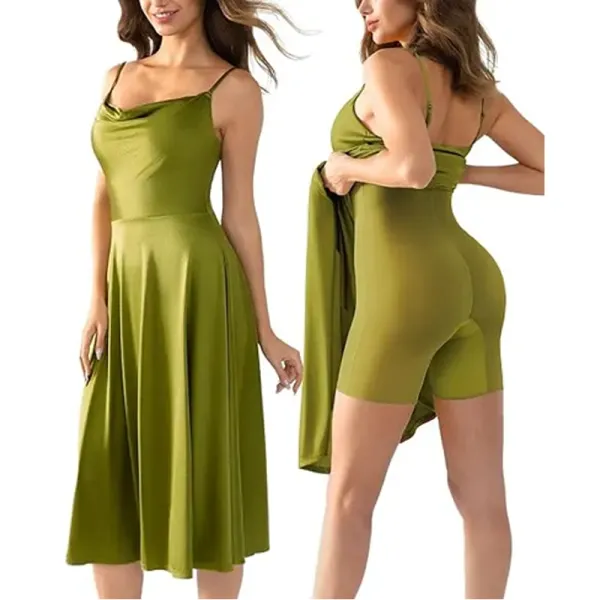Satin Midi Slip Dress with Cowl Neck and Flared Hem