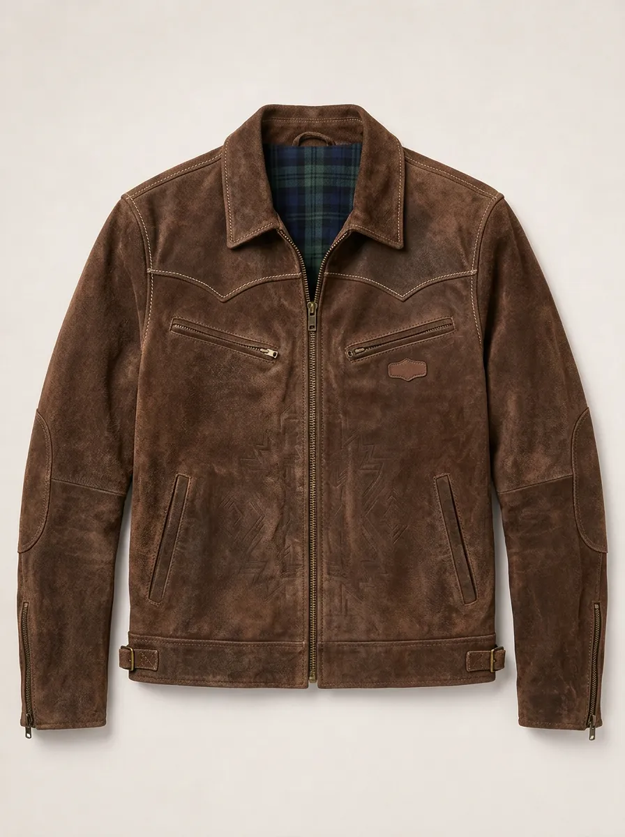 Men's Western Style Brown Suede Embossed Pattern Zip-up Jacket