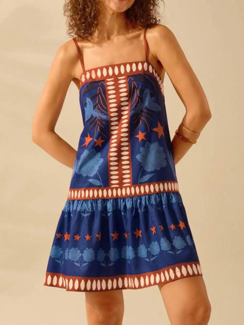 Polished Detail Printed Ruffle Mini Dress