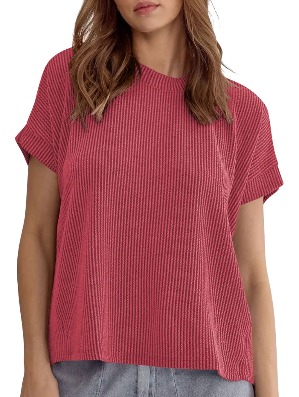 Ribbed Knit Crew Neck Tee
