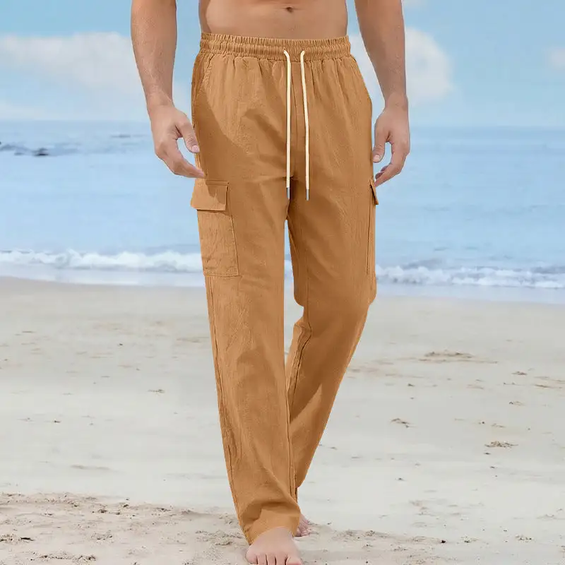 Men's Loose Linen Cargo Pants Waistband Pockets