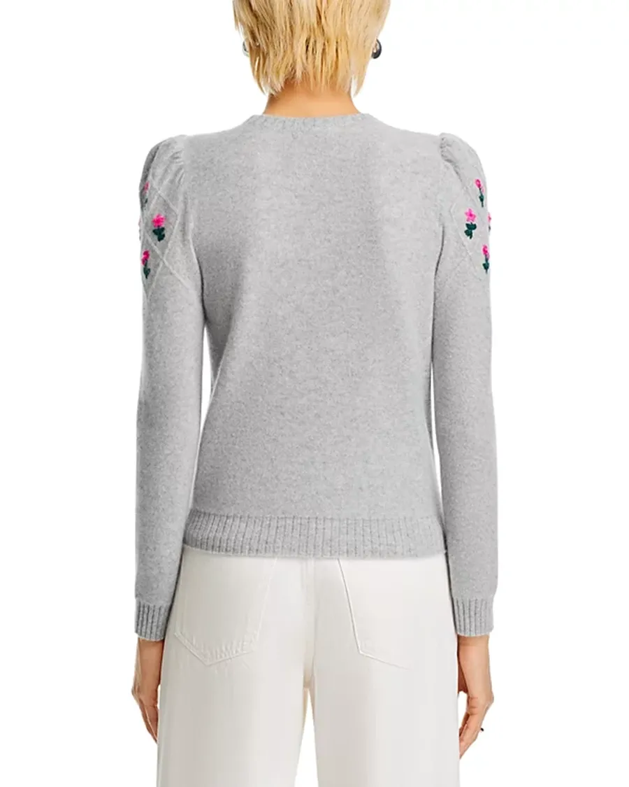 Puff Sleeve Embroidered Floral Cashmere Sweater