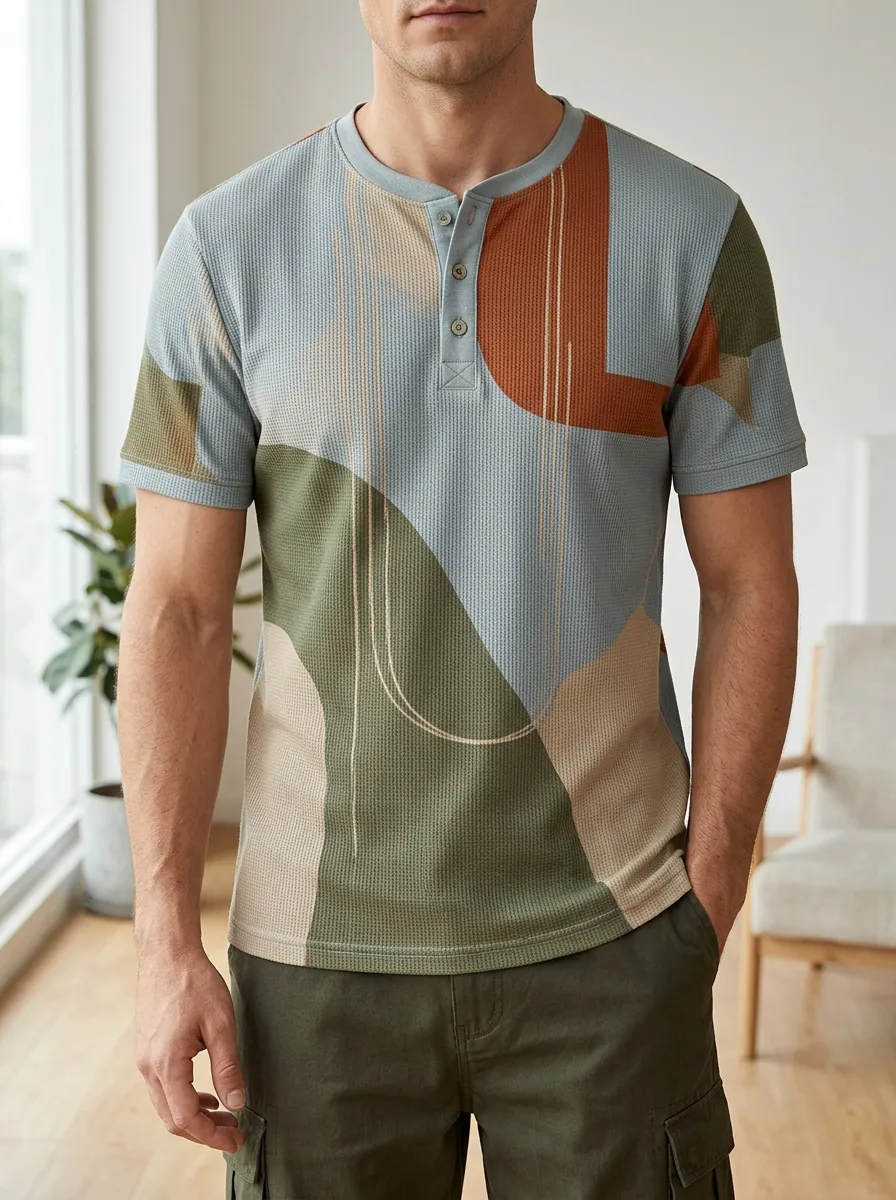 Men's Classic Abstract Geometric Waffle Henley T-Shirt