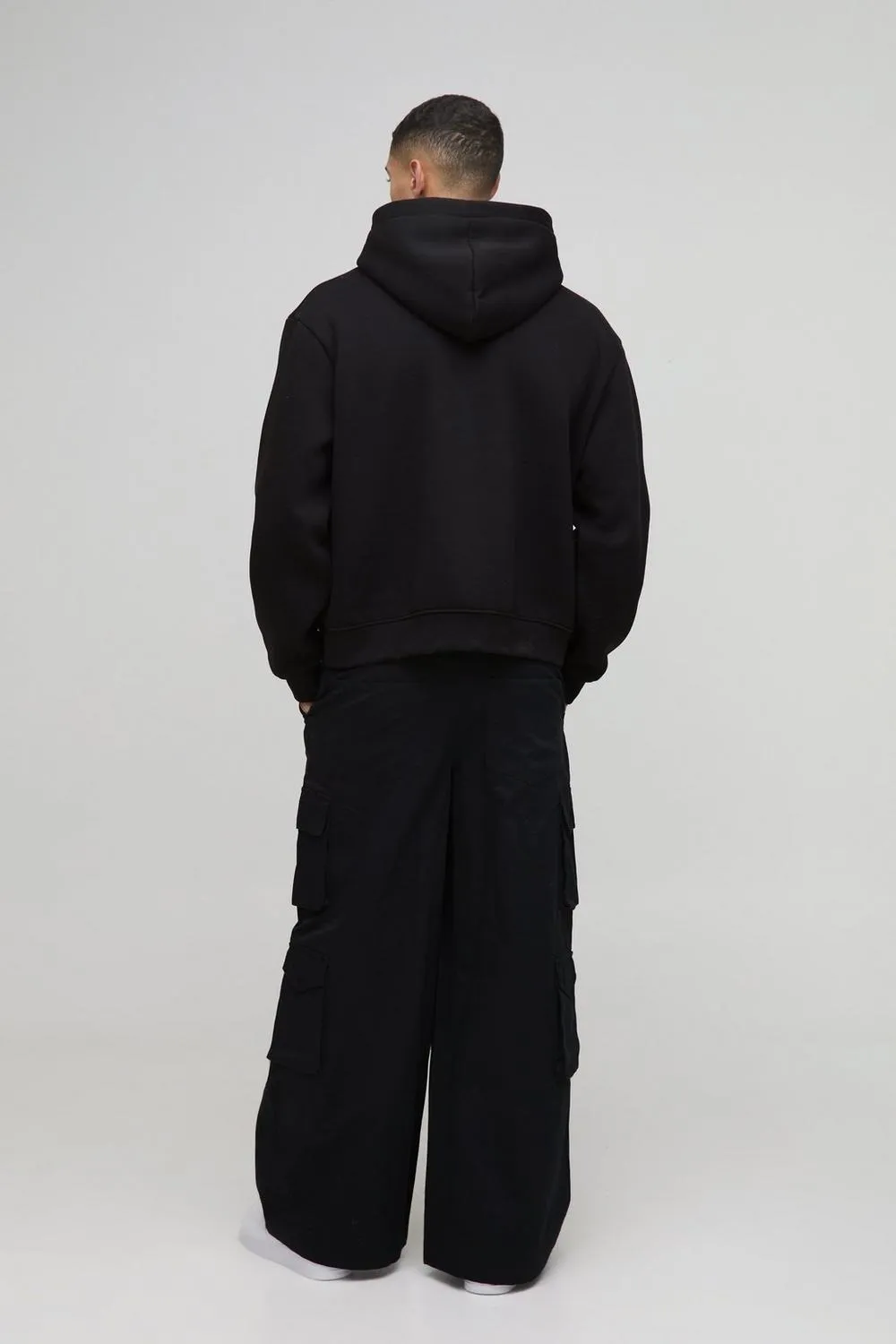 Black Extreme Baggy Rigid Multi Cargo Pocket Pants Daily Casual Style