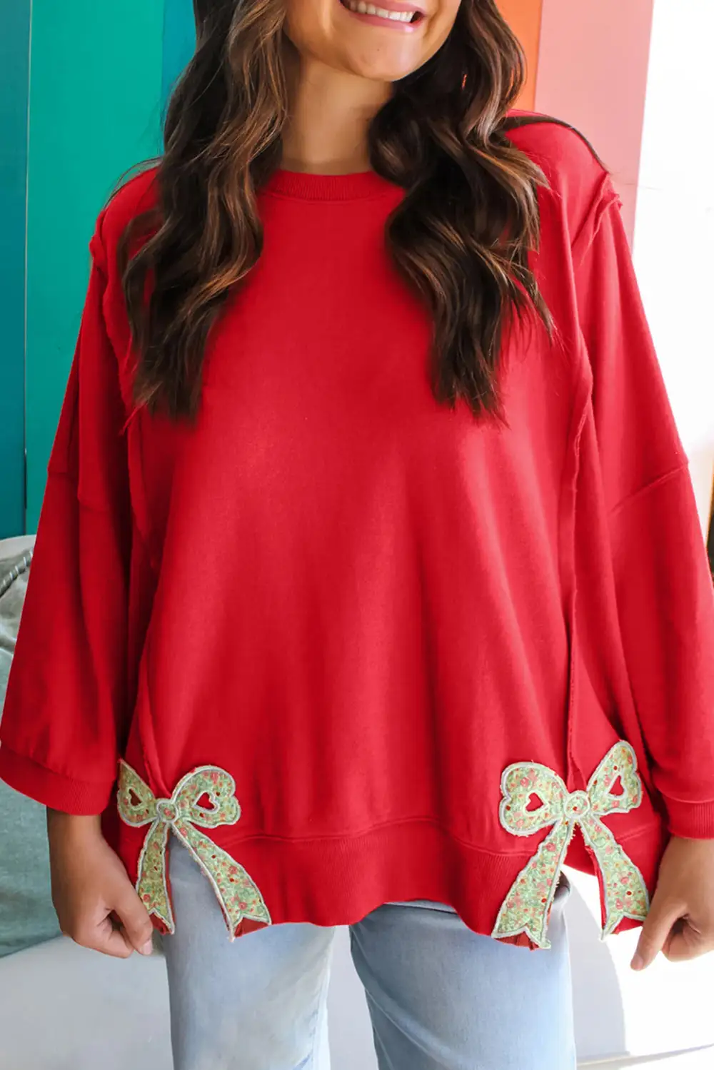 Everyday Relaxed Floral Bow Accent Patchwork Sweatshirt