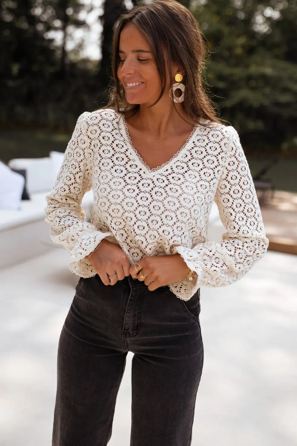 Floral Lace Trim Puff Sleeve Top