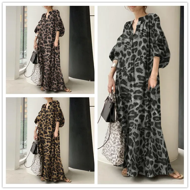 Temperament Leopard Print Stand Puff Sleeve Fashion Loose Casual Bohemian Shirt Dress