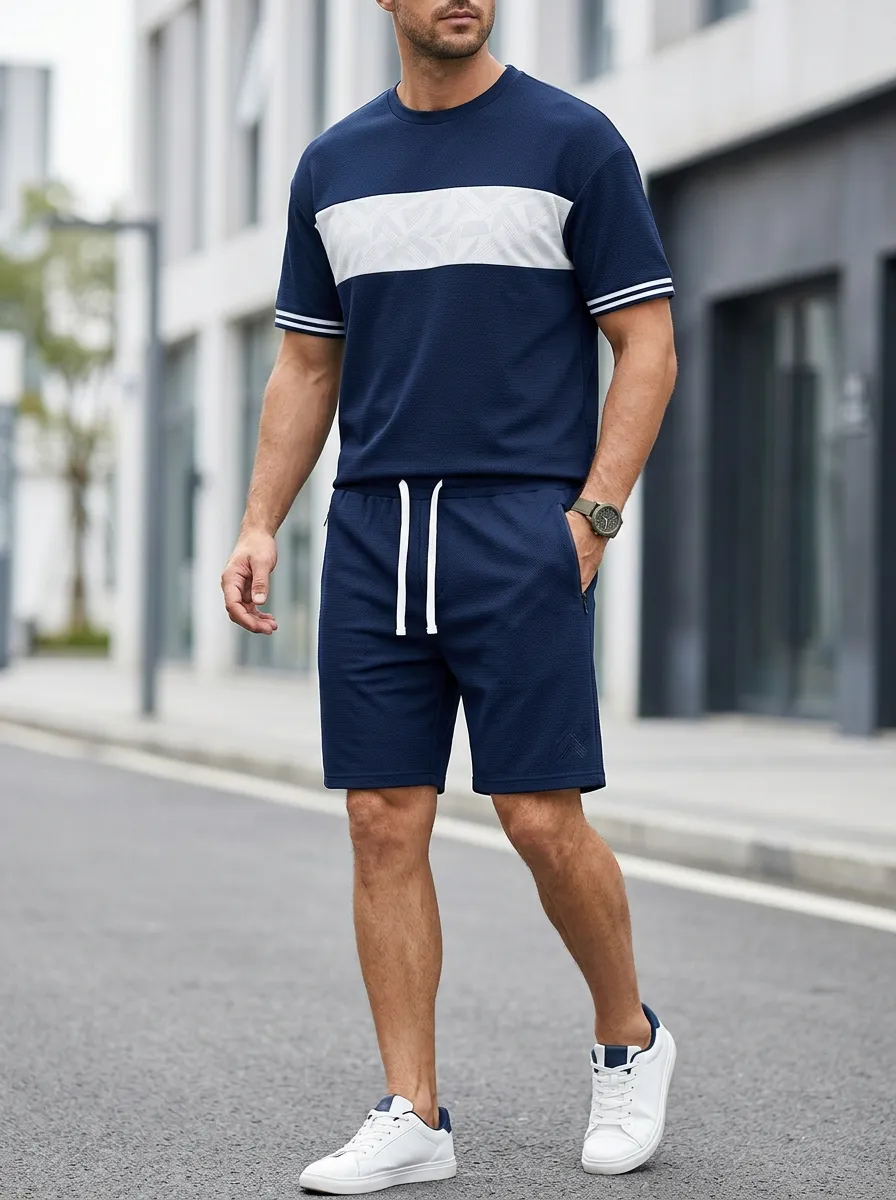 Everyday Geometric Pattern Colorblock Detail Detail Men's T-Shirt And Shorts Set