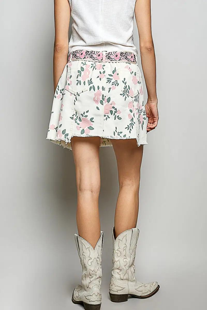 Sequin Floral Print Raw Hem Pocketed Mini Skirt